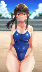 Rule 34 | 1girl, arms behind back, bare arms, bare legs, beach, blue one-piece swimsuit, blue sky, blush, breasts, brown eyes, brown hair, cleavage, closed mouth, collarbone, commentary request, covered navel, cowboy shot, day, emaason, gluteal fold, highres, large breasts, long hair, looking at viewer, one-piece swimsuit, original, outdoors, plump, ponytail, school swimsuit, sidelocks, sky, smile, solo, swimsuit, thigh gap, thighs, tree, tummy fold, wide hips