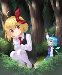 Rule 34 | 2girls, ahoge, araki (qbthgry), arm up, artist name, black footwear, black skirt, black vest, blonde hair, blue bow, blue dress, blue eyes, blue hair, blush, bow, cirno, closed mouth, collared shirt, dated, detached wings, dress, fairy, forest, hair between eyes, hair bow, hair ribbon, highres, ice, ice wings, long sleeves, multiple girls, nature, necktie, open mouth, outdoors, pantyhose, pinafore dress, red eyes, red necktie, red ribbon, ribbon, rumia, shirt, shoes, short hair, signature, skirt, sleeveless, sleeveless dress, smile, touhou, tree, vest, white pantyhose, white shirt, wings