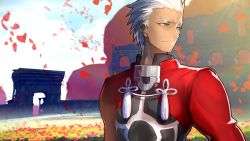 Rule 34 | 1boy, archer (fate), closed mouth, cropped jacket, dark-skinned male, dark skin, fate/extella, fate/extra, fate/stay night, fate (series), game cg, grey eyes, highres, jacket, long sleeves, looking to the side, non-web source, official art, photoshop (medium), red jacket, ruins, solo, spiked hair, standing, wada arco, white hair