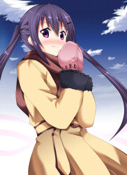Rule 34 | 1girl, bad id, bad pixiv id, blush, cloud, coat, day, from side, gloves, gochuumon wa usagi desu ka?, hair between eyes, hair ornament, hairclip, highres, kohakugin, long hair, long sleeves, looking at viewer, mittens, nose blush, outdoors, own hands together, pink gloves, purple eyes, purple hair, sky, smile, solo, tedeza rize, twintails