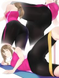 Rule 34 | 1girl, ama mitsuki, armpits, ass, bike shorts, black shorts, blush, brown hair, cameltoe, closed mouth, commentary request, closed eyes, from below, highres, long hair, lying, multiple views, on side, original, ponytail, shirt, shorts, sleeveless, sleeveless shirt, spread legs, standing, stretching, sweat, white background