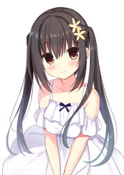 Rule 34 | 1girl, bare shoulders, black hair, blush, breasts, brown eyes, center opening, closed mouth, collarbone, commentary request, double-parted bangs, dress, eyelashes, eyes visible through hair, flower, frilled dress, frills, hair between eyes, hair flower, hair ornament, half updo, highres, large breasts, long hair, original, sakura (utsumire), short sleeves, simple background, sleeveless, sleeveless dress, smile, solo, twintails, utsunomiya tsumire, v arms, very long hair, white background, white dress, yellow flower