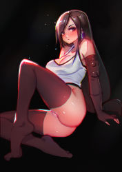 Rule 34 | 1girl, black gloves, black hair, black thighhighs, blush, bottomless, breasts, cleavage, detached sleeves, elbow pads, final fantasy, final fantasy vii, fingerless gloves, full body, gloves, highres, hiroshi (hiroshixhiss), invisible chair, large breasts, long hair, looking at viewer, low-tied long hair, no shoes, red eyes, sitting, solo, sweat, tank top, thighhighs, tifa lockhart, white tank top