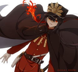 Rule 34 | 1boy, belt, belt buckle, black hair, buckle, burning, cloak, commentary request, dutch angle, fate/grand order, fate (series), fire, floating cape, formal, gloves, gun, hair between eyes, handgun, hat, highres, katana, kumin (6939359), long sleeves, looking at viewer, male focus, military, military hat, military uniform, oda nobukatsu (fate), oda uri, open mouth, pants, pistol, ponytail, red eyes, red pants, red suit, sheath, sheathed, simple background, solo, standing, suit, sword, uniform, weapon, white background, white gloves
