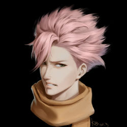 Rule 34 | 1boy, black background, commentary, green eyes, hair over one eye, highres, id :invaded, kong zhaowen, looking at viewer, male focus, parted lips, pink hair, portrait, scarf, simple background, solo, yellow scarf