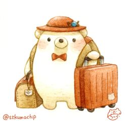 Rule 34 | backpack, bag, bear, blush, bow, bowtie, duffel bag, hat, no humans, original, polar bear, red bow, red bowtie, red headwear, signature, st.kuma, suitcase, twitter username