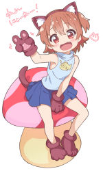 Rule 34 | 1girl, :d, animal ear fluff, animal ears, animal hands, bare shoulders, between legs, blue skirt, brown hair, cat ears, cat tail, fake animal ears, fang, gloves, hairband, hand between legs, hand up, head tilt, hoshino hinata, jigatei (omijin), mushroom, one side up, open mouth, paw gloves, paw shoes, pleated skirt, shirt, shoes, short hair, simple background, sitting, skirt, sleeveless, sleeveless shirt, sleeveless turtleneck, smile, solo, tail, translation request, turtleneck, v, watashi ni tenshi ga maiorita!, white background