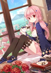 Rule 34 | 1girl, arm at side, bad id, bad pixiv id, black thighhighs, blue footwear, blush, book, book stack, bookmark, breasts, cake, checkerboard cookie, city, cookie, corset, cup, day, diten, eyebrows, fantasy, flower, food, fork, hair ornament, holding, holding cup, hood, hood down, hooded jacket, indoors, jacket, knees up, lens flare, long hair, long sleeves, looking at viewer, mary janes, md5 mismatch, medium breasts, open clothes, open jacket, original, pink hair, pink skirt, plate, pleated skirt, poster (object), red eyes, red flower, red rose, rose, shoes, sitting, skirt, sky, smile, solo, sunlight, teacup, thighhighs, twintails, wallpaper (object), window