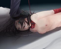 Rule 34 | 1boy, 1girl, arms behind back, bdsm, black hair, bondage, bound, bound arms, breasts, collar, drooling, hetero, highres, leash, lying, nipples, nude, on side, open mouth, original, saliva, short hair, small breasts, stepped on, sweat, tape, tile (artist)