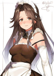 Rule 34 | 10s, 1girl, alternate costume, apron, bare shoulders, black bow, black bowtie, blush, bow, bowtie, breasts, brown dress, brown eyes, brown hair, closed mouth, detached sleeves, dress, elbow gloves, embarrassed, enmaided, frills, frown, gloves, hair intakes, isshiki (ffmania7), jintsuu (kancolle), kantai collection, long hair, looking at viewer, maid, maid headdress, medium breasts, parted bangs, raised eyebrows, sidelocks, simple background, sketch, sleeveless, sleeveless dress, small breasts, solo, straight hair, tareme, twitter username, upper body, very long hair, waist apron, white apron, white background, white gloves