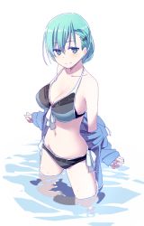 Rule 34 | 1girl, alternate costume, alternate hairstyle, aqua eyes, bare shoulders, bikini, blue eyes, blue hair, blush, breasts, cleavage, front-tie top, hair ornament, hairclip, himura kiseki, jacket, kantai collection, large breasts, long hair, looking at viewer, navel, removing jacket, side-tie bikini bottom, simple background, smile, strap gap, suzuya (kancolle), swimsuit, wading, water, white background