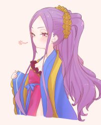 Rule 34 | 1girl, blush, breasts, chinese clothes, dress, fate/grand order, fate (series), forehead, hair ornament, hair scrunchie, hanfu, highres, long hair, long sleeves, looking at viewer, niwaikanai, parted bangs, pelvic curtain, purple dress, purple eyes, purple hair, scrunchie, shawl, sidelocks, small breasts, solo, squeans, twintails, very long hair, wide sleeves, wu zetian (fate), yellow scrunchie