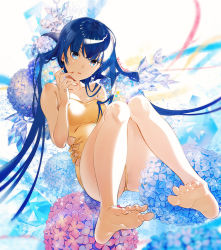 Rule 34 | 1girl, barefoot, blue eyes, double bun, feet, female focus, flower, hair bun, hydrangea, lipstick, long hair, looking at viewer, makeup, nail polish, one-piece swimsuit, original, soles, solo, swimsuit, toes, twintails, umishima senbon, very long hair, yellow one-piece swimsuit