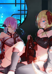 Rule 34 | 2girls, absurdres, au ra, bare shoulders, blonde hair, blue eyes, detached collar, detached sleeves, dragon horns, dragon tail, earrings, final fantasy, final fantasy xiv, flower, hair flower, hair ornament, hair over one eye, highres, horns, jewelry, leg ribbon, lili mdoki, looking at viewer, midriff, multiple girls, pink hair, ribbon, scales, short hair, sitting, skirt, smile, strapless, tail, thigh ribbon, thighhighs, wariza, yellow eyes