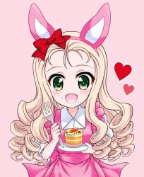 Rule 34 | 1girl, :d, alternate costume, animal ears, back bow, blonde hair, bow, cake, collared dress, commentary, dress, drill hair, easter, fake animal ears, food, food on face, fork, girls und panzer, green eyes, hair bow, heart, holding, holding fork, holding plate, kuromori yako, long hair, looking at viewer, marie (girls und panzer), open mouth, pink background, pink bow, pink dress, plate, puffy short sleeves, puffy sleeves, rabbit ears, red bow, short dress, short sleeves, simple background, smile, solo