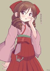 Rule 34 | 10s, 1girl, anchor, bow, brown hair, drill hair, hair bow, hakama, hakama skirt, hand on own cheek, hand on own face, harukaze (kancolle), highres, japanese clothes, kantai collection, kimono, long hair, meiji schoolgirl uniform, mikoko1, open mouth, pink kimono, red bow, red eyes, red hakama, simple background, skirt, solo, standing, twin drills