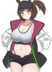 Rule 34 | 1girl, :o, absurdres, animal ears, blush, bra, breasts, brown hair, cleavage, coat, collarbone, commentary request, contrapposto, cowboy shot, green eyes, grey bra, hands in pockets, head tilt, highres, horse ears, horse girl, ines fujin (umamusume), large breasts, long hair, long sleeves, looking at viewer, midriff, navel, open clothes, open coat, open fly, panty straps, puchimosu (mosu1427), short shorts, shorts, side ponytail, simple background, solo, sports bra, umamusume, underwear, visor cap, white background, wide hips