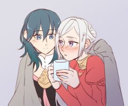 Rule 34 | 2girls, blanket, blue eyes, blue hair, blush, breasts, buttons, byleth (female) (fire emblem), byleth (fire emblem), clenched hand, collar, commentary request, couple, cup, dress, edelgard von hresvelg, fire emblem, fire emblem: three houses, grey background, hair between eyes, holding, holding cup, long hair, long sleeves, looking at another, multiple girls, nintendo, nose blush, parted lips, puffy long sleeves, puffy sleeves, purple eyes, red dress, riromomo, simple background, smile, upper body, white hair, yuri