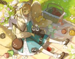 Rule 34 | 1girl, animal, animal ears, apple, arknights, basket, black cat, blanket, blonde hair, blue dress, blue hairband, cardigan, cat, day, dress, flower, food, fox ears, fox girl, fox tail, frilled hairband, frills, fruit, full body, grass, green eyes, hair down, hair flower, hair ornament, hairband, highres, holding, holding animal, holding cat, kitsune, long hair, looking at viewer, luo xiaohei zhanji, multicolored hair, multiple tails, neck ribbon, official alternate costume, open cardigan, open clothes, outdoors, pantyhose, picnic, picnic basket, pink flower, red ribbon, ribbon, sitting, solo, streaked hair, suzuran (arknights), suzuran (praise spring) (arknights), suzuran (spring praise) (arknights), tail, white flower, white hair, white pantyhose, yellow cardigan, yeye yxy