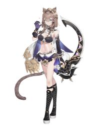 Rule 34 | 1girl, absurdres, animal ear fluff, animal ears, black bra, black footwear, black gloves, boots, bra, braid, breasts, bridal gauntlets, brown hair, cape, cat ears, cat girl, cat tail, claw pose, cleavage, closed mouth, cross-laced footwear, fang, full body, gloves, green eyes, hairband, hand up, heart, highres, holding, holding weapon, honkai (series), honkai impact 3rd, lace-up boots, ling yu (15974115107), long hair, looking at viewer, low twin braids, microskirt, navel, pardofelis (honkai impact), platform boots, platform footwear, simple background, single bridal gauntlet, single glove, skin fang, skirt, solo, standing, tail, twin braids, underwear, weapon, white background