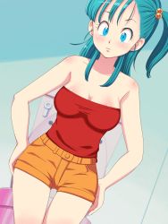 Rule 34 | 1girl, aqua hair, bare arms, bare legs, bare shoulders, bathroom, blue eyes, blush, body blush, breasts, bulma, cleavage, closed mouth, collarbone, cowboy shot, dragon ball, dragon ball (classic), dutch angle, engawa suguru, facing viewer, female focus, hair bobbles, hair ornament, highres, indoors, legs, long hair, looking at viewer, medium breasts, neck, no bra, one side up, orange shorts, red tube top, shorts, side ponytail, solo, standing, strapless, thigh gap, toilet, tube top, tube top