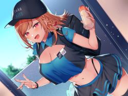 Rule 34 | 1girl, :d, backlighting, backpack, bag, baseball cap, black hat, black skirt, black thighhighs, blue shirt, braid, breasts, cleavage, cleavage cutout, clothing cutout, collared shirt, cowboy shot, crop top, crop top overhang, day, dutch angle, hat, highleg, highres, holding, itohana, looking at viewer, medium breasts, medium hair, midriff, miniskirt, navel, open mouth, orange hair, original, outdoors, red eyes, shirt, sidelocks, skirt, smile, solo, standing, stomach, thighhighs, wristband, zettai ryouiki