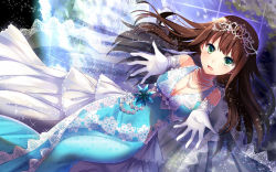 Rule 34 | 10s, 1girl, aqua dress, bare shoulders, bison cangshu, breasts, brown hair, cleavage, dress, elbow gloves, gloves, green eyes, idolmaster, idolmaster cinderella girls, jewelry, long hair, necklace, open mouth, shibuya rin, smile, solo, tiara, white gloves