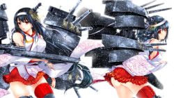 Rule 34 | 10s, 2girls, ass, bad id, bad twitter id, black hair, cannon, detached sleeves, epaulettes, flight deck, floral print, fusou (kancolle), hair ornament, headband, highres, kantai collection, long hair, machinery, multiple girls, nontraditional miko, pleated skirt, red eyes, remodel (kantai collection), short hair, simple background, skirt, sumeragi hamao, thighhighs, turret, yamashiro (kancolle)