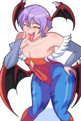 Rule 34 | 1girl, absurdres, bare shoulders, bat wings, breasts, cleavage, fang, highres, leotard, lilith aensland, mizului, purple hair, red eyes, short hair, small breasts, tongue, tongue out, vampire (game), wings