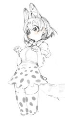 Rule 34 | 1girl, absurdres, animal ears, bad id, bad pixiv id, blush, bow, bowtie, breasts, cowboy shot, cropped legs, elbow gloves, gloves, greyscale, hair between eyes, high-waist skirt, highres, kemono friends, kona ming, medium breasts, monochrome, paw pose, serval (kemono friends), serval tail, shirt, short hair, skirt, sleeveless, solo, spot color, tail, traditional bowtie, white background