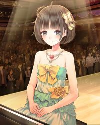 Rule 34 | absurdres, blush, bow, brown eyes, brown hair, collarbone, dress, flower, green dress, hair bow, highres, indoors, instrument, jewelry, kishida mel, necklace, piano, red flower, school fanfare, short hair, sitting, sleeveless, sleeveless dress, smile, solo focus, sparkle, stage, strapless, strapless dress, yellow bow