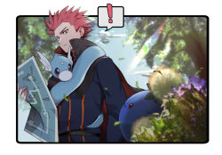 Rule 34 | !, 1boy, bad id, bad pixiv id, belt, blue jacket, blurry, border, cape, closed mouth, cloud, commentary request, creatures (company), day, dratini, falling leaves, from below, game freak, gen 1 pokemon, gen 2 pokemon, holding, holding map, jacket, john (user wmrz3824), jumpluff, lance (pokemon), leaf, looking down, male focus, map, nintendo, outdoors, pink hair, pokemon, pokemon (creature), pokemon hgss, popped collar, sky, smile, spiked hair, spoken exclamation mark, white border