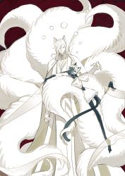 Rule 34 | 1boy, 1other, aechmea (houseki no kuni), animal ears, barefoot, blue skin, bow, cape, cat ears, cat tail, clinging, colored skin, dark skin, extra eyes, floating hair, foot up, fox boy, fox ears, fox tail, hand up, height difference, holding another&#039;s tail, houseki no kuni, kemonomimi mode, looking at another, looking at viewer, miniskirt, mole, mole under eye, multiple tails, open mouth, outstretched arms, pale skin, plantar flexion, reaching, red background, saiko67, shirt, short hair, skirt, smile, tail, tail wrap, white cape, white hair, white shirt