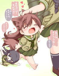 Rule 34 | 10s, 2girls, :&gt;, :d, ^ ^, aged down, anchor symbol, animal ears, barefoot, black hair, black socks, blunt bangs, braid, brown footwear, brown hair, character doll, child, closed eyes, clothes grab, fang, hand on another&#039;s head, kantai collection, kemonomimi mode, kitakami (kancolle), kneehighs, kuroneko liger, loafers, long hair, machinery, multiple girls, neckerchief, ooi (kancolle), open mouth, school uniform, serafuku, shoes, short sleeves, single braid, skirt, smile, socks, tail, translation request