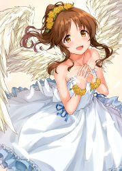 Rule 34 | 1girl, :d, absurdres, angel wings, back bow, bare shoulders, blue ribbon, blush, bow, bracelet, brown hair, collarbone, dandelion, dress, falling feathers, feathered wings, feathers, fingernails, flower, flower bracelet, frilled dress, frills, from above, head wreath, highres, idolmaster, idolmaster cinderella girls, idolmaster cinderella girls starlight stage, jewelry, lens flare, lips, long dress, looking at viewer, medium hair, open mouth, own hands together, parted bangs, ponytail, ribbon, sidelocks, sirurabbit, sleeveless, sleeveless dress, smile, solo, sparkle, steepled fingers, takamori aiko, wavy hair, white bow, white dress, white wings, wings, yellow background, yellow eyes