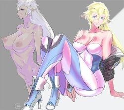 1girl animal_ear_fluff black_jacket blonde_hair blue_eyes blue_shoes bodysuit breasts cleavage earrings high_heels jacket jewelry large_breasts multicolored_bodysuit multiple_views neilnail_(xenoblade) nipples nude pointy_ears prototype_design shoes sitting tattoo uya_(yurukah) white_bodysuit xenoblade_chronicles_(series) xenoblade_chronicles_x