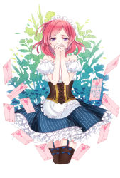 Rule 34 | 10s, 1girl, bare shoulders, black thighhighs, corset, covering own mouth, cowboy shot, dress, duzie e, envelope, floral background, frilled dress, frilled sleeves, frills, garter straps, hands up, headdress, highres, letter, looking at viewer, love live!, love live! school idol festival, love live! school idol project, maid, maid headdress, nishikino maki, own hands together, petticoat, puffy short sleeves, puffy sleeves, purple eyes, red hair, short hair, short sleeves, solo, striped clothes, striped dress, tears, thighhighs, vertical stripes, zettai ryouiki