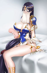 Rule 34 | 1girl, absurdres, artificial vagina, bed, breasts, caster of the nocturnal castle, caster of the nocturnal castle (cosplay), circlet, cosplay, fate/grand order, fate (series), highres, large breasts, legs, long hair, looking at viewer, minamoto no raikou (fate), mouth veil, phara, purple eyes, purple hair, revision, scheherazade (fate), sex toy, sitting, smile, solo, suggestive fluid, thighs, veil, very long hair