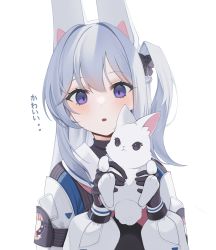 Rule 34 | 1girl, 1other, absurdres, animal, animal ears, asymmetrical bangs, black bow, black gloves, blue archive, blush, bow, braid, detached sleeves, fake animal ears, gloves, hair bow, highres, holding, holding animal, kashiko (kshiko1), long sleeves, looking at viewer, miyako (blue archive), one side up, pink gloves, purple eyes, rabbit, rabbit ears, sailor collar, sidelocks, simple background, two-tone gloves, upper body, white background, white hair, white sailor collar