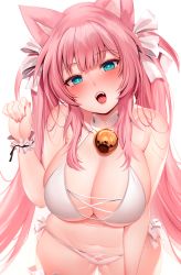 Rule 34 | 1girl, :d, animal ears, aqua eyes, arm support, bare shoulders, bell, bikini, breasts, cat ears, cat girl, choker, cleavage, commentary, cowboy shot, fangs, from above, hair ribbon, halterneck, halterneck, hand up, head tilt, highres, jingle bell, large breasts, leaning forward, long hair, looking at viewer, nail polish, navel, open mouth, original, paw pose, pink hair, pink lips, pink nails, ribbon, side-tie bikini bottom, simple background, skindentation, smile, solo, stomach, string bikini, swimsuit, thighs, twintails, very long hair, white background, white bikini, white ribbon, wrist cuffs, zerocat