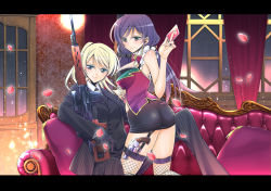 Rule 34 | 10s, 2girls, arched back, ass, ayase eli, belt, black gloves, blonde hair, blue eyes, blush, bow, bowtie, breasts, bullpup, card, closed mouth, collared shirt, couch, curtains, dragunov svd, fishnet legwear, fishnets, formal, frills, gloves, glowing, gradient hair, gun, hair ornament, hair scrunchie, hand on another&#039;s ass, handgun, holding, holding card, indoors, kneeling, lamp, large breasts, letterboxed, long hair, long sleeves, looking at viewer, love live!, love live! school idol festival, love live! school idol project, miniskirt, multicolored hair, multiple girls, night, night sky, pants, pencil skirt, petals, pillow, ponytail, purple hair, red bow, revolver, rifle, scope, scrunchie, shirt, sitting, skirt, sky, sleeveless, smile, sniper rifle, star (sky), striped clothes, striped pants, striped shirt, striped suit, suit, suppressor, swept bangs, takano saku, tassel, tojo nozomi, traditional bowtie, twintails, weapon, window, yuri