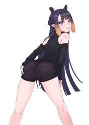 Rule 34 | 1girl, absurdres, animal ears, ass, ass focus, ass grab, bare shoulders, black shorts, black sweater, clothing cutout, from behind, hair ornament, highres, hololive, hololive english, kuon bb, leaning forward, looking back, mole, mole under eye, ninomae ina&#039;nis, pointy ears, purple eyes, purple hair, shorts, shoulder cutout, spread legs, standing, sweater, tentacles, tongue, tongue out, virtual youtuber