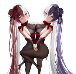 Rule 34 | 2girls, absurdly long hair, absurdres, ass, azur lane, black footwear, blue eyes, bodystocking, breast press, breasts, chao ho (azur lane), chao ho (frolicking flowers verse ii) (azur lane), chinese commentary, cleavage, detached sleeves, double bun, from side, hair bun, high heels, highres, large breasts, leg up, long hair, looking at viewer, mizhi-jiang lao, multicolored hair, multiple girls, official alternate costume, pantyhose, purple eyes, purple hair, red hair, see-through, see-through cleavage, shoes, siblings, sisters, split-color hair, standing, standing on one leg, symmetrical docking, thighband pantyhose, very long hair, white hair, ying swei (azur lane), ying swei (frolicking flowers verse i) (azur lane)