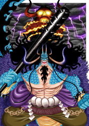 Rule 34 | abs, absurdres, alternate form, beard, black hair, cloud, colored sclera, dragon, facial hair, glowing, highres, horns, hybrid, island, japanese clothes, kaidou (one piece), kimono, muscular, muscular arms, muscular male, one piece, onigashima, ou ou no mi model: tanryu, pectorals, red eyes, smile, tail, tattoo, thunder, transformation, yellow sclera