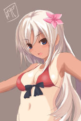 Rule 34 | 10s, 1girl, alternate costume, bikini, blue eyes, blush, breasts, brown background, flower, front-tie bikini top, front-tie top, grey background, hair flower, hair ornament, kantai collection, long hair, medium breasts, navel, one-piece tan, open mouth, red bikini, ro-500 (kancolle), silver hair, simple background, sketch, smile, solo, swimsuit, tan, tanline, upper body, yanagi wakana