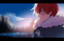 Rule 34 | 1boy, blue eyes, blurry, blurry background, boku no hero academia, burn scar, closed mouth, coat, from side, gugugunogu, heterochromia, highres, jacket, multicolored hair, red hair, scar, scar on face, smile, solo, todoroki shouto, white hair, winter clothes, winter coat, yellow eyes