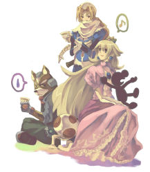 Rule 34 | 2girls, androgynous, blonde hair, blue eyes, crown, cup, dress, earrings, fox mccloud, furry, furry female, furry male, gloves, human chair, human furniture, jewelry, long hair, mario (series), mr. game &amp; watch, multiple girls, musical note, nintendo, pink dress, princess peach, princess zelda, red eyes, reverse trap, sheik, sitting, sitting on person, smile, star fox, super smash bros., tea, the legend of zelda, the legend of zelda: ocarina of time, toad (mario), white background