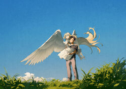 Rule 34 | 1boy, 1girl, absurdly long hair, black pants, blonde hair, blue eyes, blue sky, brown eyes, carrying, carrying person, day, dress, feathered wings, grass, long hair, original, outdoors, pants, potg (piotegu), short sleeves, sky, very long hair, white dress, white wings, wind, wings