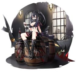Rule 34 | 1girl, alcohol, animal, azur lane, barrel, bird, black footwear, black gloves, black hair, black hat, black shirt, boots, bottle, breasts, cleavage, covered mouth, crop top, crow, cup, fingerless gloves, gloves, hair between eyes, hand up, hat, high collar, highres, holding, holding cup, knee boots, large breasts, long hair, looking at viewer, midriff, multicolored hair, navel, official alternate costume, official art, ootsuki momiji, peaked cap, red eyes, red skirt, shirt, short sleeves, sitting, skirt, solo, stomach, streaked hair, transparent background, u-47 (azur lane), u-47 (eigenen raum) (azur lane), wine, wine bottle