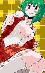 Rule 34 | 1girl, aono3, blush, breasts, cleavage, embarrassed, female focus, frown, green hair, kazami yuuka, kneehighs, medium breasts, no bra, open clothes, open shirt, patterned background, plaid, plaid skirt, plaid vest, red eyes, shirt, short hair, skirt, skirt set, socks, solo, touhou, vest, white socks